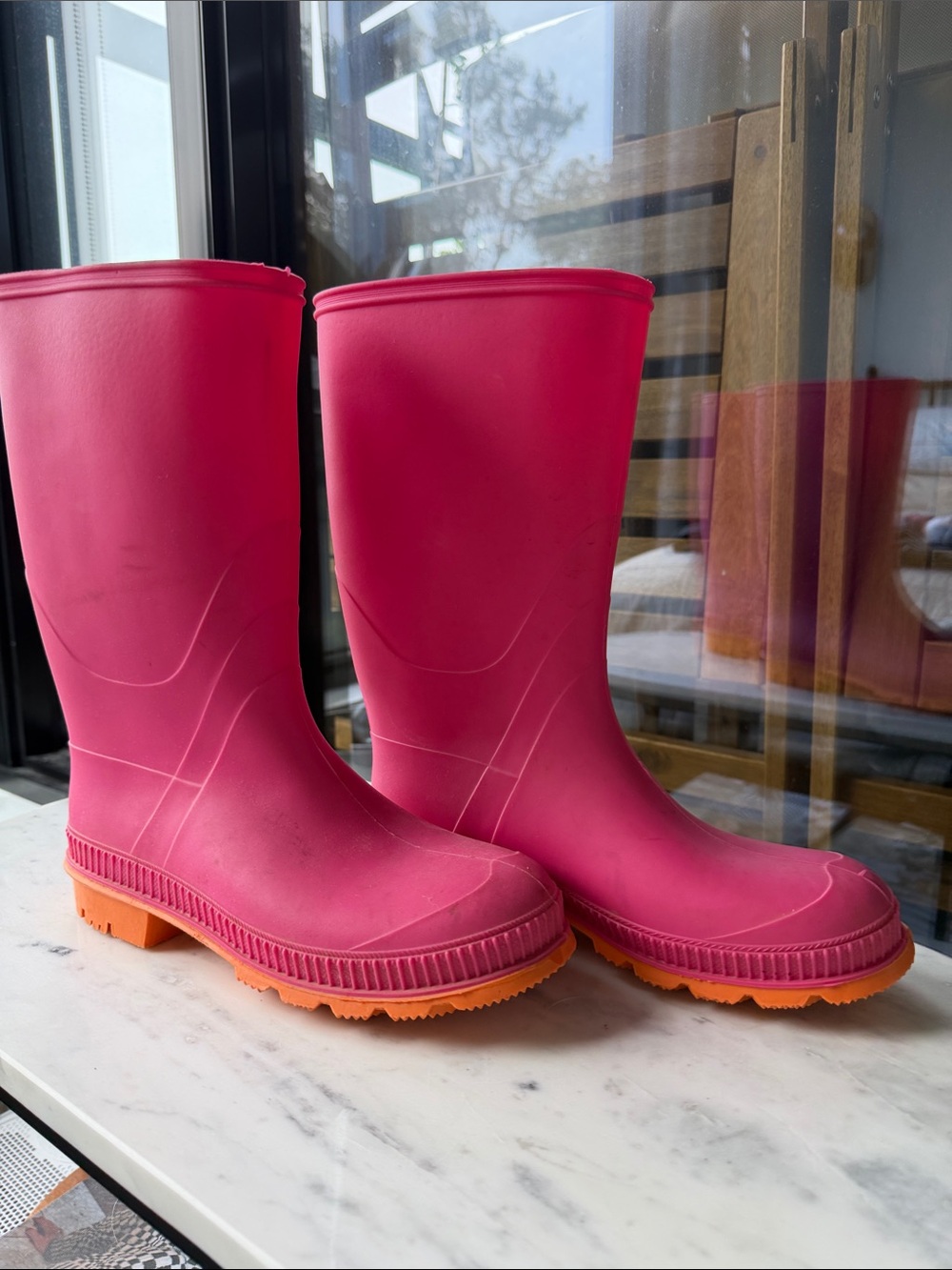 Women's Pink Rain Boots with Orange Sole